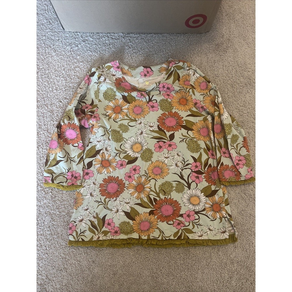 Spartina 449 Green Floral Tunic Top Fringe Trim Bold Print Cotton Size Large